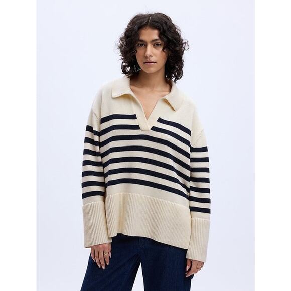 Gap 247 Split-hem Polo Sweater White Navy Stripe - XS - Picture 8 of 8